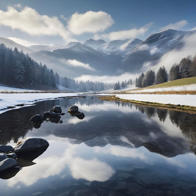 PSD realistische landschaften, die sich im see spiegeln