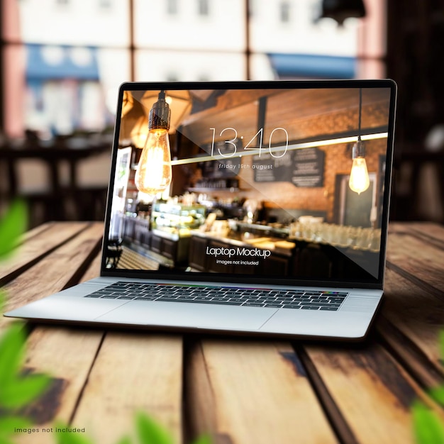 Realistische Laptop-Attrappe eines iMac-Laptops auf einem Holztisch mit einem verschwommenen Café im Hintergrund