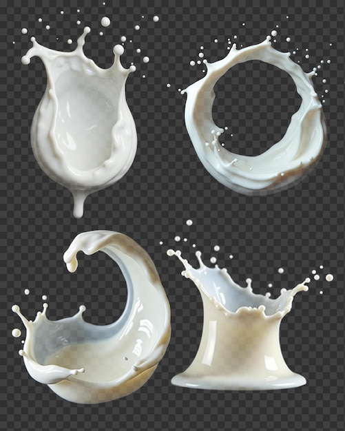 Realistische Milch-Spritzungen oder Wellen mit Tropfen und Spritzungen von Flüssigkeit, isoliert im transparenten Hintergrund