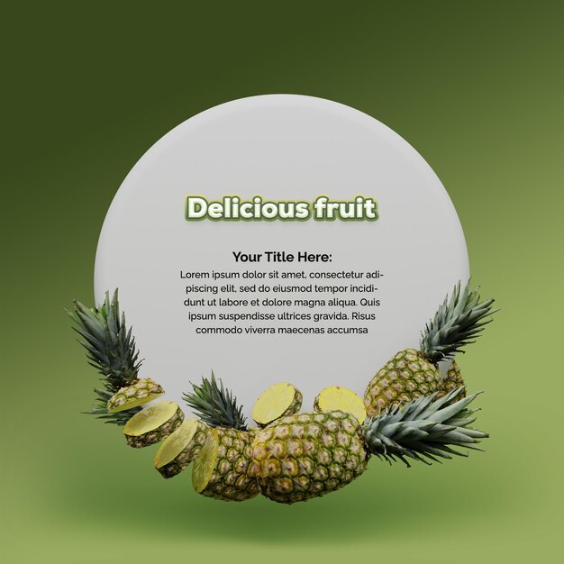 Realistische online-postvorlage für den obstverkauf mit 3d-rendering von ananas