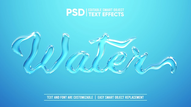 Realistischer 3d-bearbeitbarer smart object-texteffekt mit klarem wasser