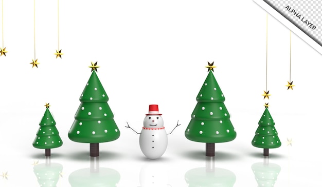 PSD realistischer 3d-render-weihnachtsbaum mit schneemann