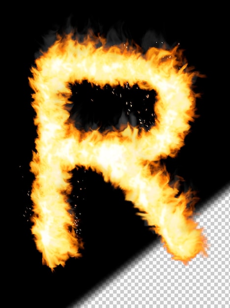 Realistischer Buchstabe R aus Feuer auf transparentem Hintergrund