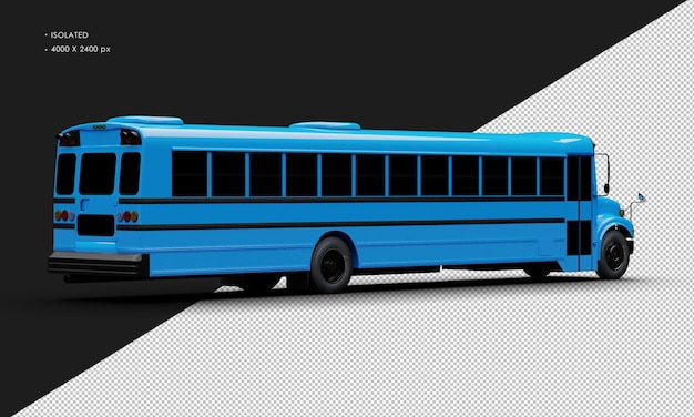 Realistischer, isolierter, glänzend blauer konventioneller Personenbus aus der rechten Rückansicht