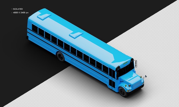 PSD realistischer, isolierter, glänzend blauer konventioneller personenbus von oben rechts vorne