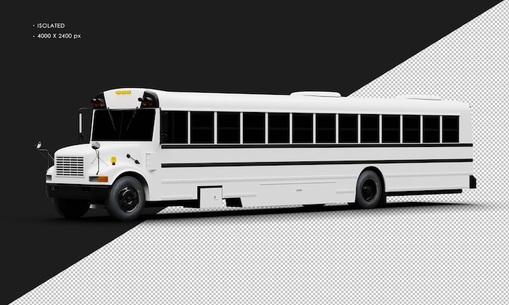 PSD realistischer isolierter glänzender weißer konventioneller personenbus von der linken vorderansicht