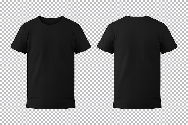 realistischer Satz von männlichen schwarzen T-Shirts, vorder- und hintere Ansichten, die auf einem transparenten Hintergrund isoliert sind
