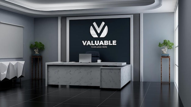 Realistisches 3d-firmenlogomodell im büroleiterraum mit luxuriösem design-interieur