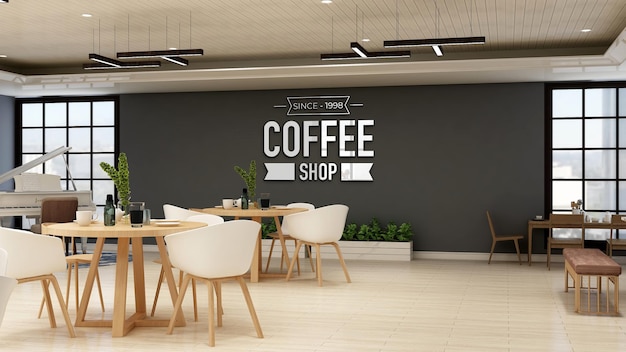 PSD realistisches 3d-logo-modell der wand im modernen café-bar-innenraum