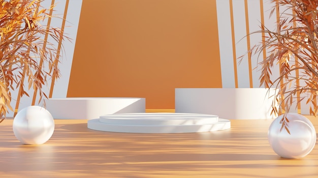 Realistisches 3d-rendering weißes podium mit orangefarbenem hintergrund