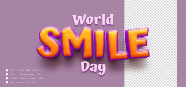 Realistisches banner world smile day mit 3d-texteffekt bearbeitbarer textstil