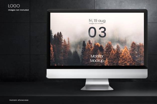 Realistisches computermonitormodell auf dunklem betonhintergrund