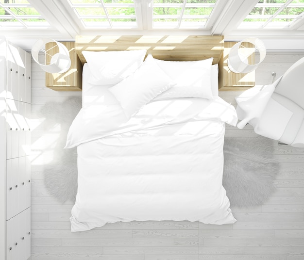 realistisches Doppelzimmer mit Möbeln und großen Fenstern von oben