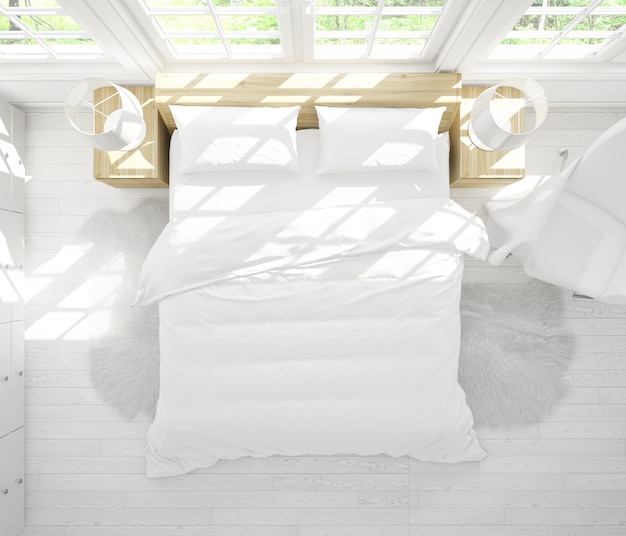 realistisches Doppelzimmer mit Möbeln und großen Fenstern von oben
