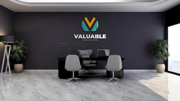 Realistisches firmenlogo-modell im büroleiterbereich mit luxuriösem designinterieur
