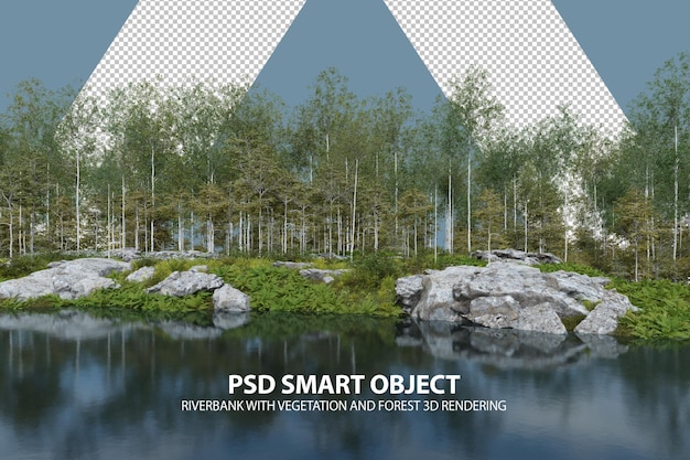 Realistisches flussufer mit vegetation und wald. 3d-darstellung isolierter objekte