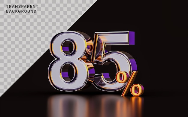 realistisches glänzendes 85-prozentiges rabattangebot auf dunklem hintergrund 3d-illustration für kaufprodukt