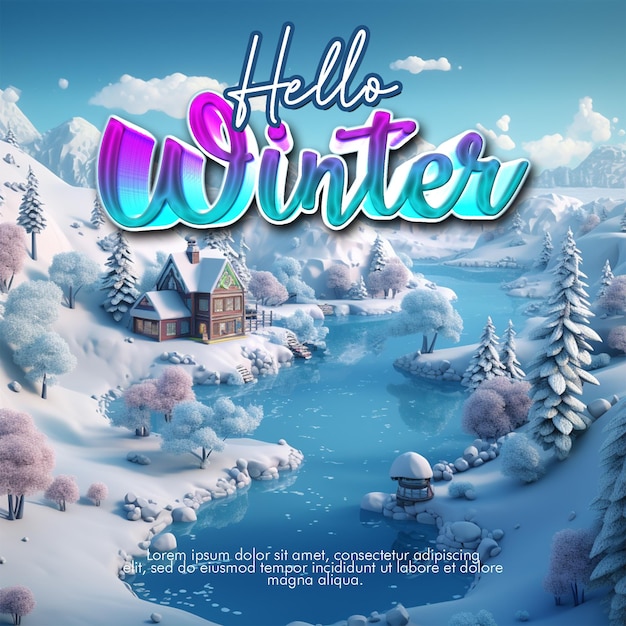 PSD realistisches hallo winter-poster mit winterhintergrund