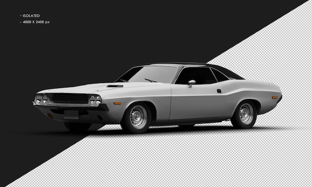 Realistisches, isoliertes, mattgraues, klassisches Sport-Muscle-Car von der linken Vorderansicht