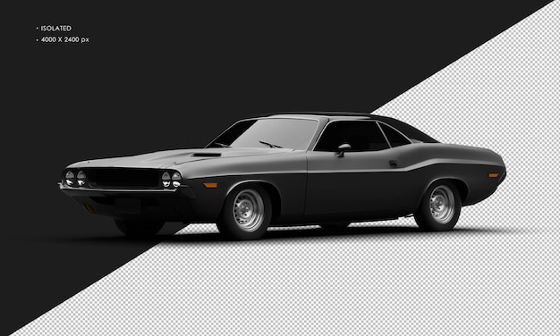 Realistisches, isoliertes, mattschwarzes, klassisches Sport-Muscle-Car von der linken Vorderansicht