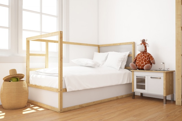 realistisches kindliches Schlafzimmer mit Bett und Regalen