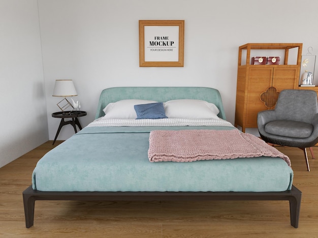 Realistisches Mockup des leeren Bilderrahmens im Schlafzimmer