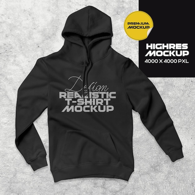 Realistisches Mockup von schwarzem Hoodie auf strukturierter Oberfläche