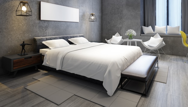 realistisches modernes Doppelzimmer mit Möbeln und einem Rahmen