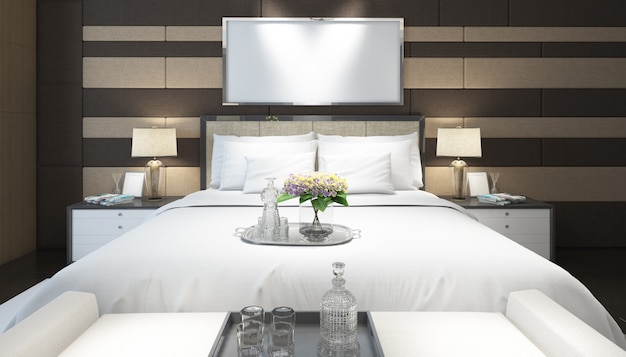 realistisches modernes Doppelzimmer mit Möbeln und Rahmen