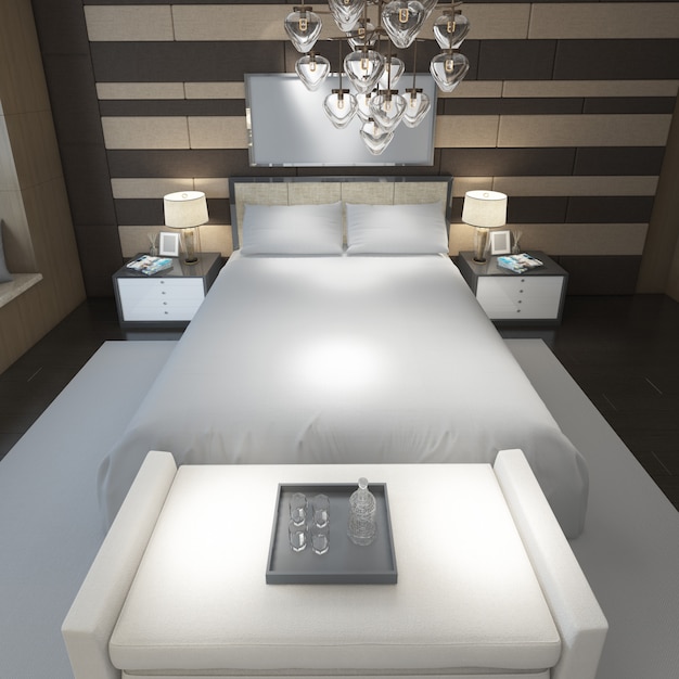 realistisches modernes Doppelzimmer mit Möbeln und Rahmen