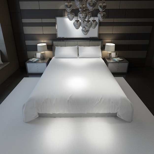 realistisches modernes Doppelzimmer mit Möbeln und Rahmen