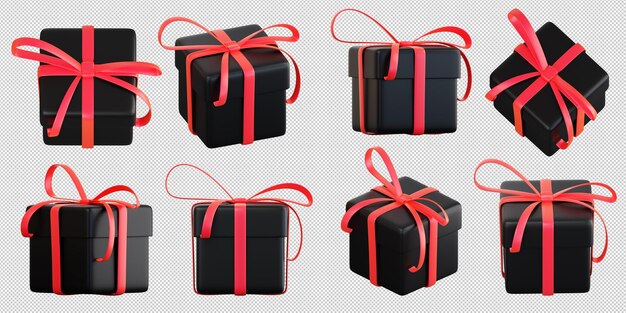 Realistisches schwarzes Geschenkbox-Set mit roter Schleife Konzept des abstrakten Feiertags, Geburtstags, Weihnachten oder Schwarzer Freitag, Geschenk oder Überraschung, 3D, hochwertiges, isoliertes Rendern