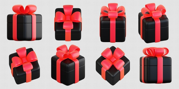 PSD realistisches schwarzes geschenkbox-set mit roter schleife konzept des abstrakten feiertags, geburtstags, weihnachten oder schwarzer freitag, geschenk oder überraschung, 3d, hochwertiges, isoliertes rendern