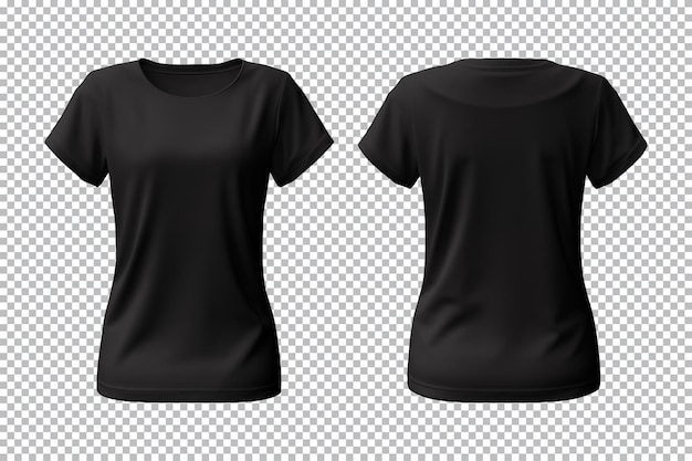 Realistisches set von weiblichen schwarzen t-shirts-mockup vorder- und hinteransicht isoliert auf transparentem hintergrund