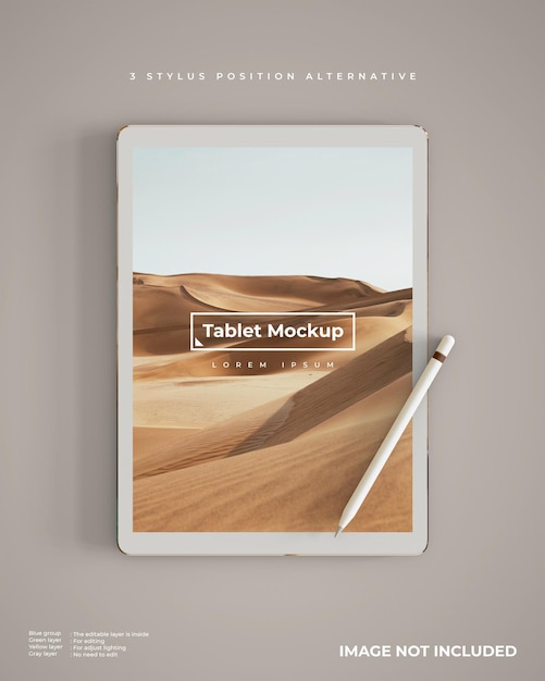Realistisches Tablettmodell mit Stift in vertikaler Position Draufsicht