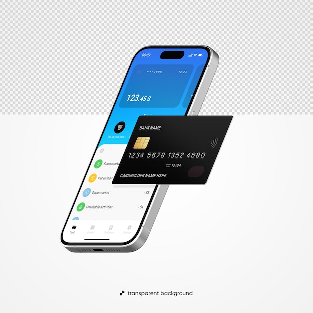 Realistisches Telefon- und Kreditkarten-Mockup mit durchsichtigem Hintergrund