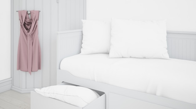 realistisches weißes Schlafzimmer mit Möbeln