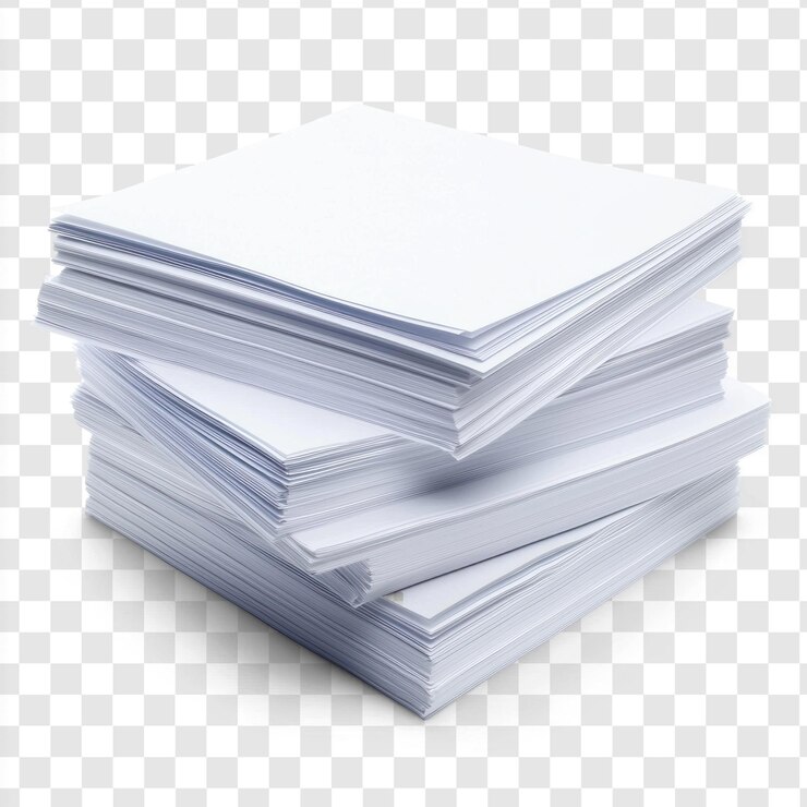 Reams of white printer paper neatly stacked isolated on transparent background