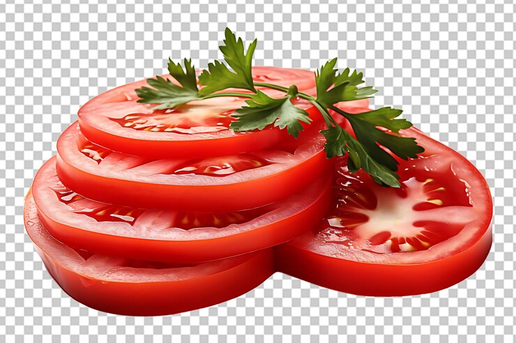 PSD rebanada delgada de tomate alimento vegetal aislado sobre un fondo transparente