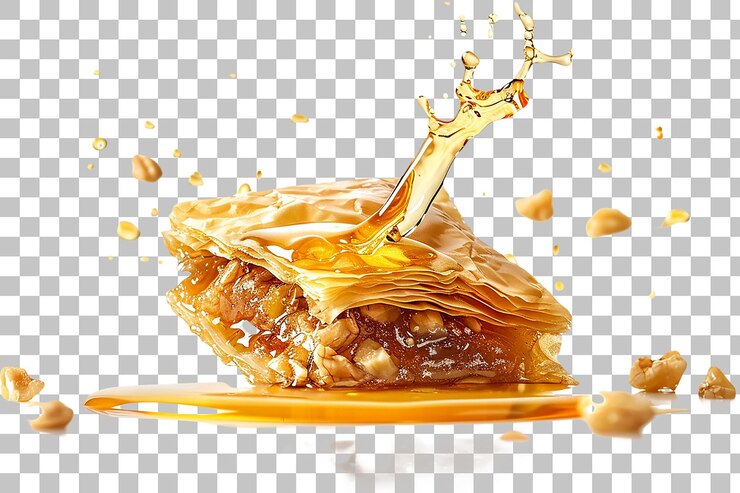 PSD una rebanada dorada de baklava con capas de pasteles filo y nueces en un fondo transparente