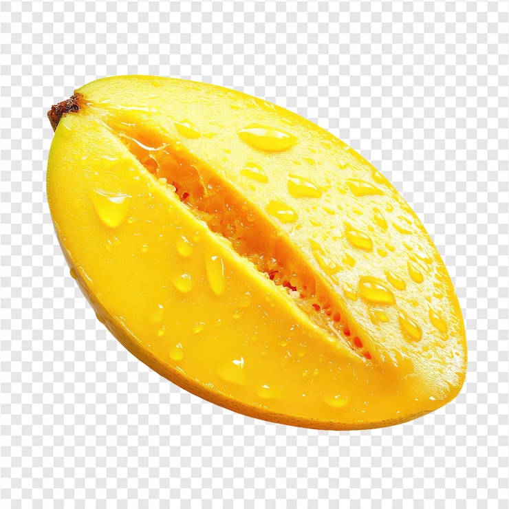 PSD una rebanada de mango jugoso con gotas de agua
