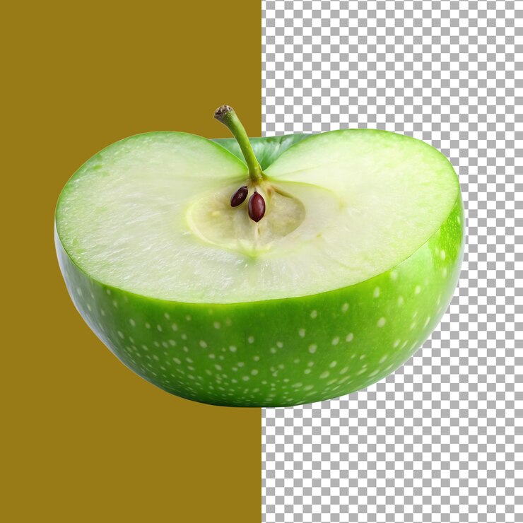 Rebanada de manzana verde con tallo y semillas aisladas sobre un fondo transparente