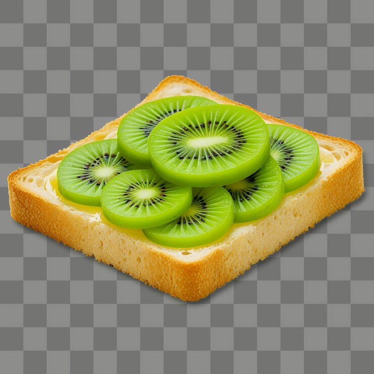 PSD una rebanada de pan cuadrada salpicada con mermelada de kiwi aislada sobre un fondo transparente