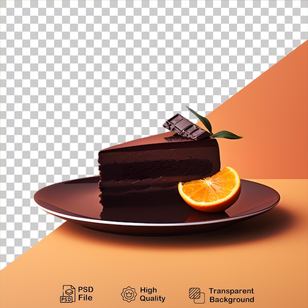 PSD una rebanada de pastel de chocolate con fruta de naranja en un plato aislado sobre un fondo transparente incluye png