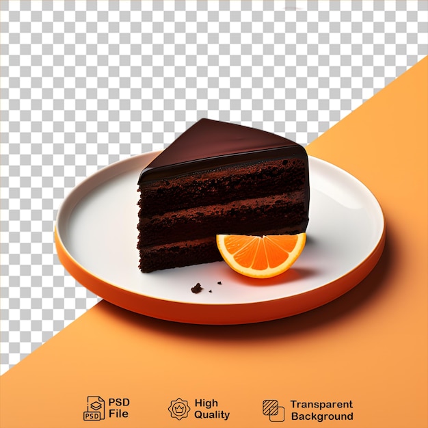 PSD una rebanada de pastel de chocolate con fruta de naranja en un plato aislado sobre un fondo transparente incluye png