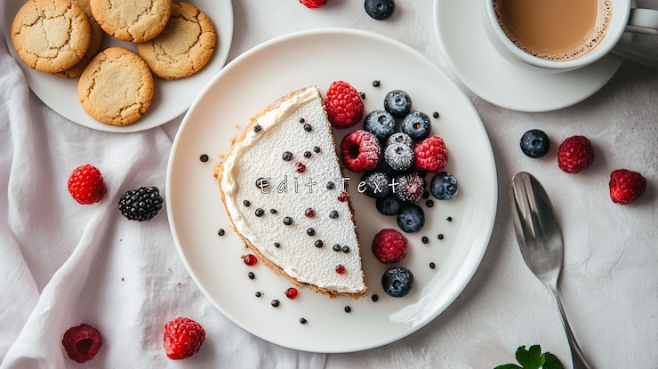 PSD una rebanada de pastel cremoso con bayas y galletas