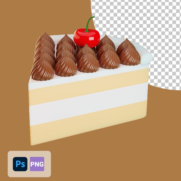 PSD rebanada de pastel de icono 3d con cobertura de chocolate y cereza