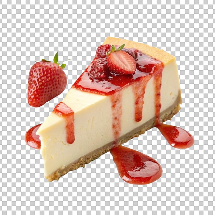 PSD una rebanada de pastel de queso al estilo de nueva york con salsa de fresa rociada sobre él