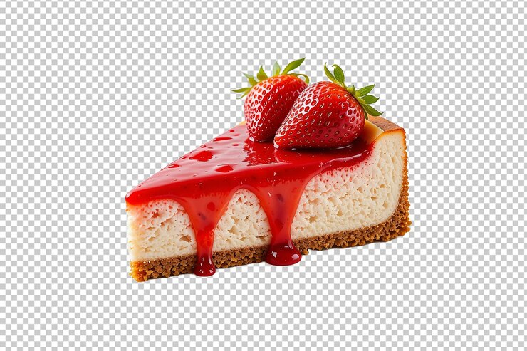 Una rebanada de pastel de queso con fresas en un fondo transparente