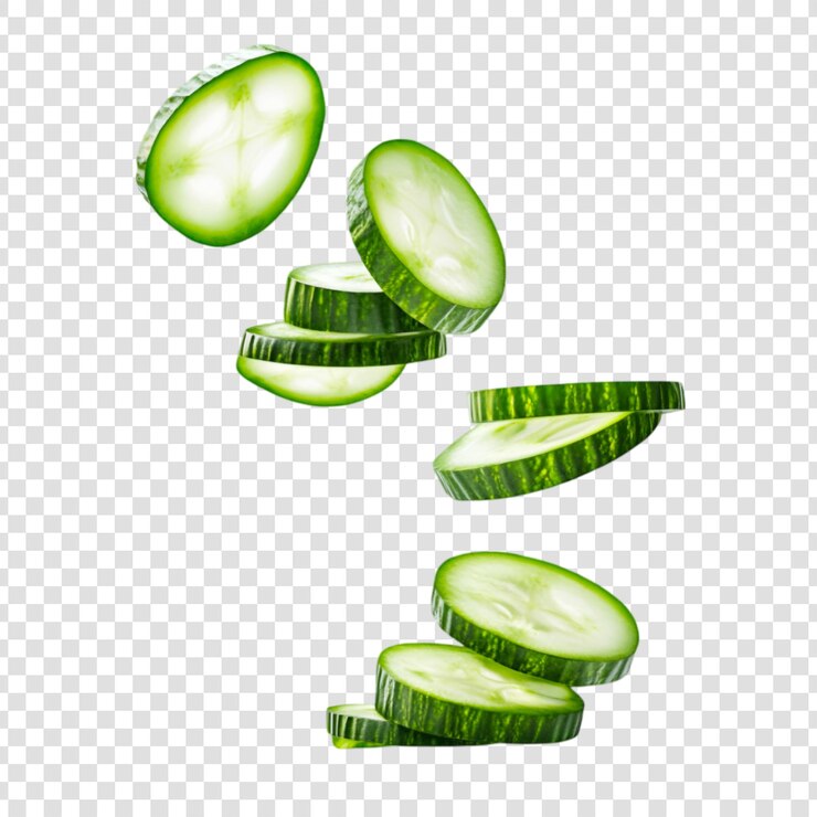 PSD una rebanada de pepino cayendo sobre un fondo transparente